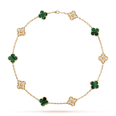 18K Vintage Alhambra Malachite Diamonds 10 Motifs Necklace
