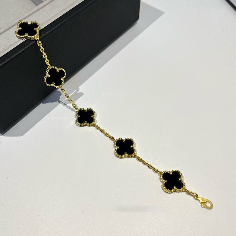 18K Vintage Alhambra Five Motifs Clover Onyx Bracelet