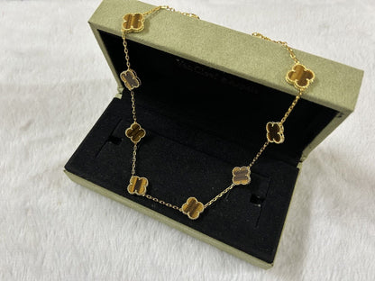 18K Vintage Alhambra Tiger Eye 10 Motifs Necklace